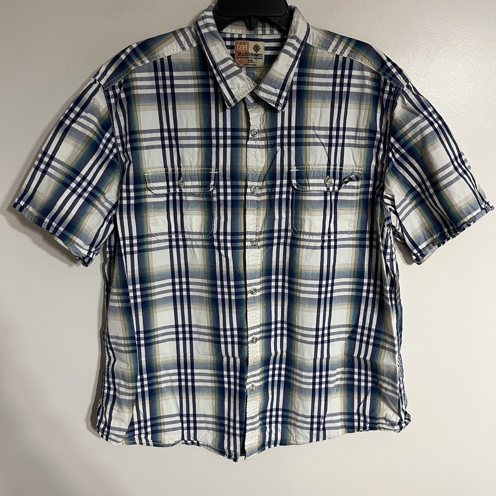 RuffHewn Short‎ Sleeve Button Down Shirt Mens Size 2XL Blue, Brown & Cream Plaid